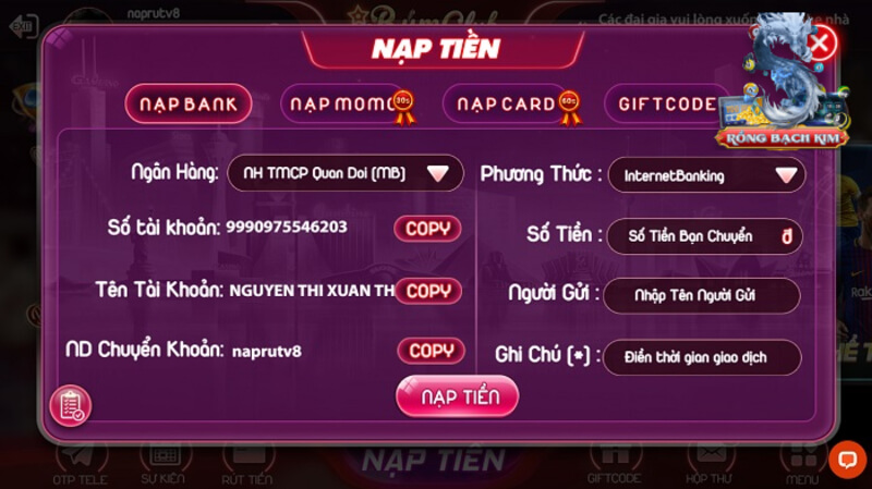 Đa dạng các phương thức nạp tiền có tại cổng game